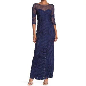 JS Collections Size 6 Navy Blue Illusion Yoke Soutache Column Gown Full Length